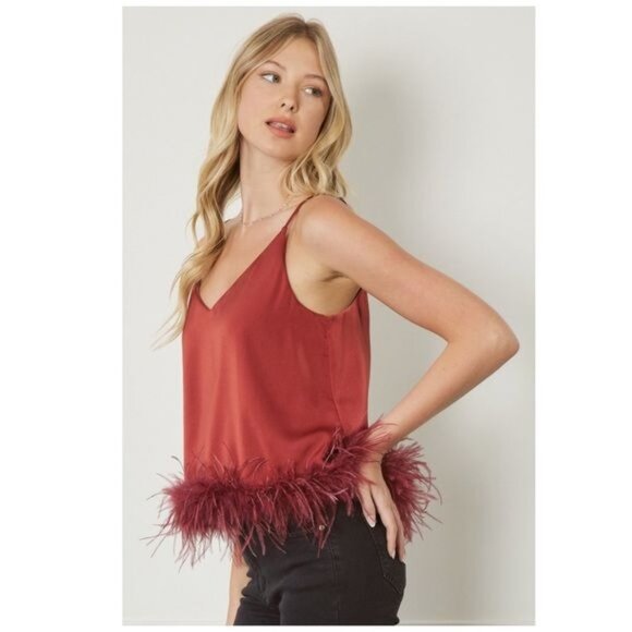 Entro Womens Rust Feathered Trimmed Spaghetti Strap Tank Top  Size M - Picture 3 of 8